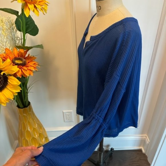 We the Free by Free People Blue Waffle knit Bell Sleeve Top - Picture 3 of 11